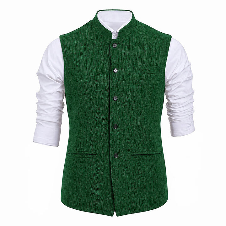 Men's Mandarin Collar Herringbone Tweed Waistcoat Suit Vest - image 24