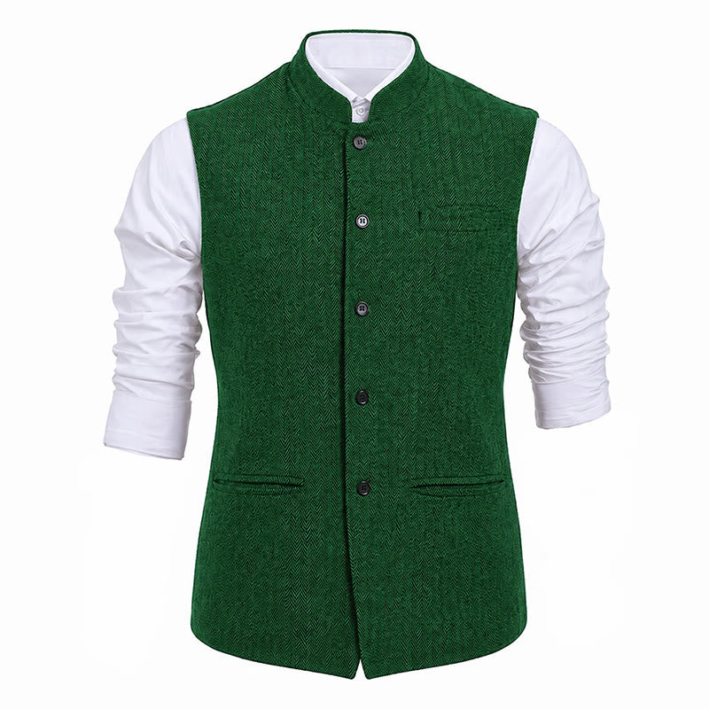 Men's Mandarin Collar Herringbone Tweed Waistcoat Suit Vest - image 24
