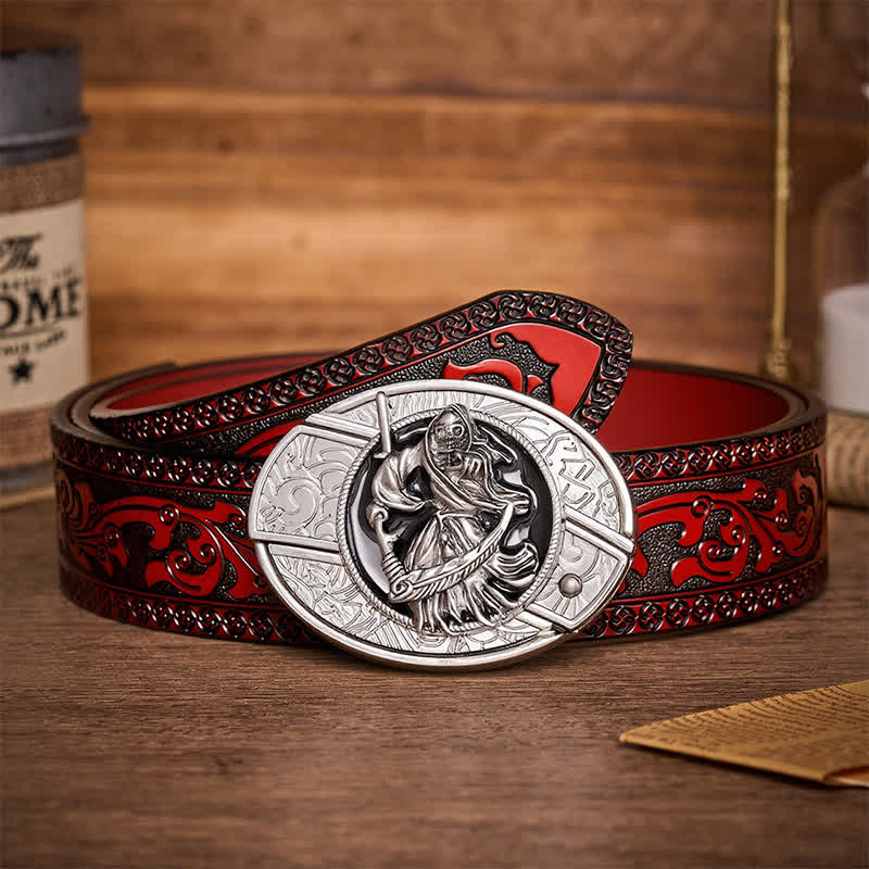 Death Skeleton Warrior DIY Hidden Folding Knife Buckle Leather Belt - Skeleton Warrior - Brown Carved Belt - 42 - image 6