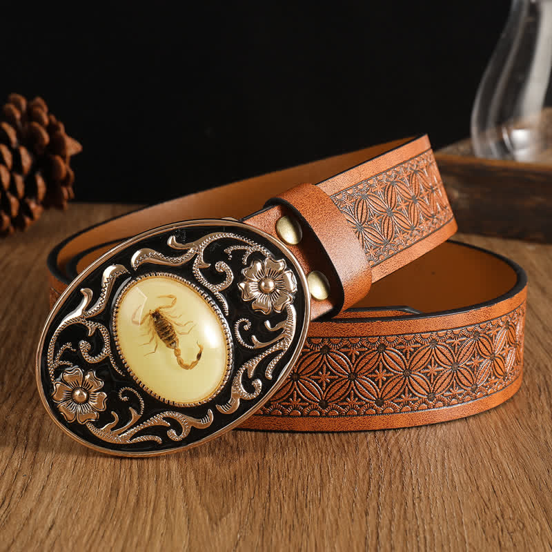 Men's Animal Scorpion Flower Buckle Leather Belt - Brown #2 - 40 - image 6