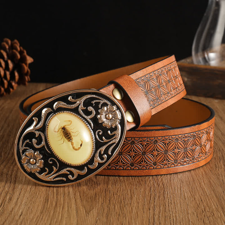 Men's Animal Scorpion Flower Buckle Leather Belt - Brown #2 - 40 - image 6