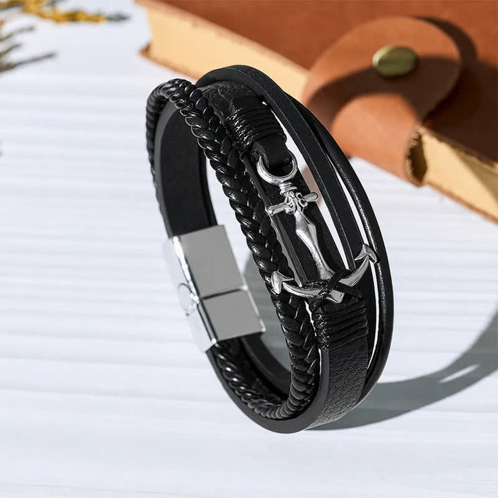 Nautical Anchor Adjustable Snap Button Leather Bracelet - Black - image 8