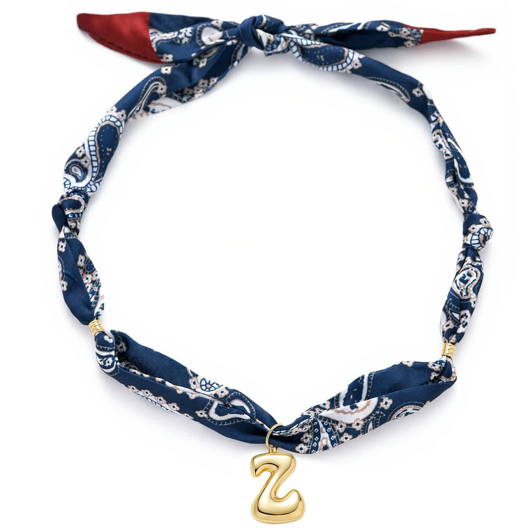 Initial Navy Paisley Bandana Scarf Necklace With Gold Bubble Letter Pendant - Z - image 30