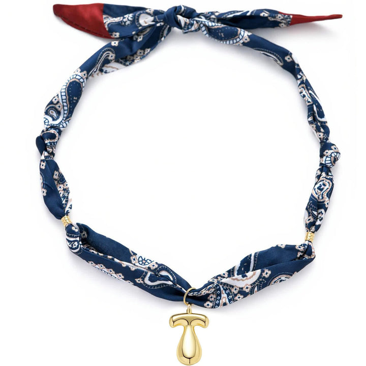 Initial Navy Paisley Bandana Scarf Necklace With Gold Bubble Letter Pendant - T - image 24