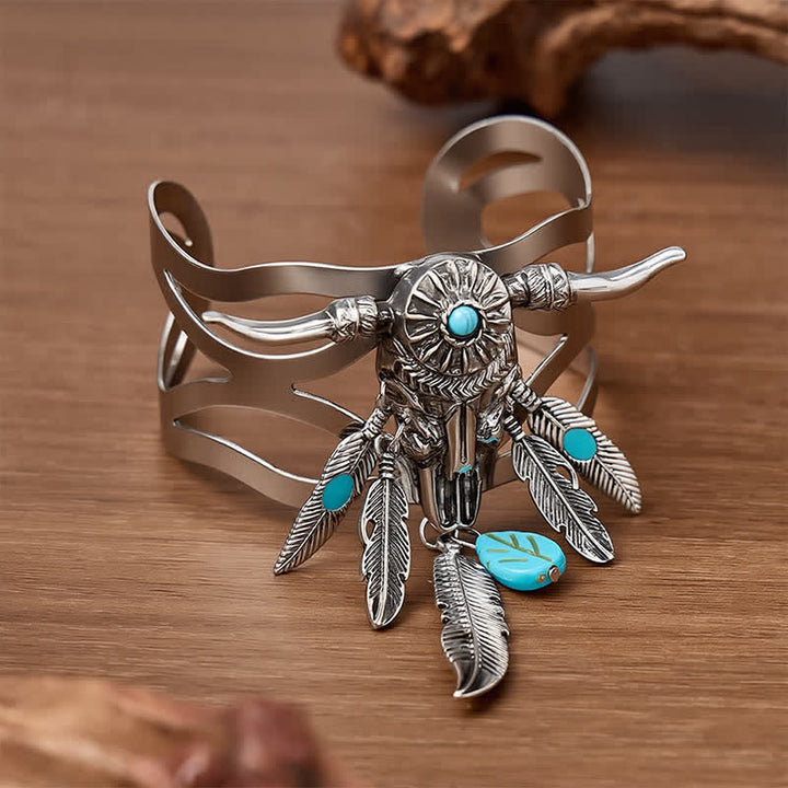 Southwestern Cow Skull Turquoise Feather Open Cuff Bracelet - image 2