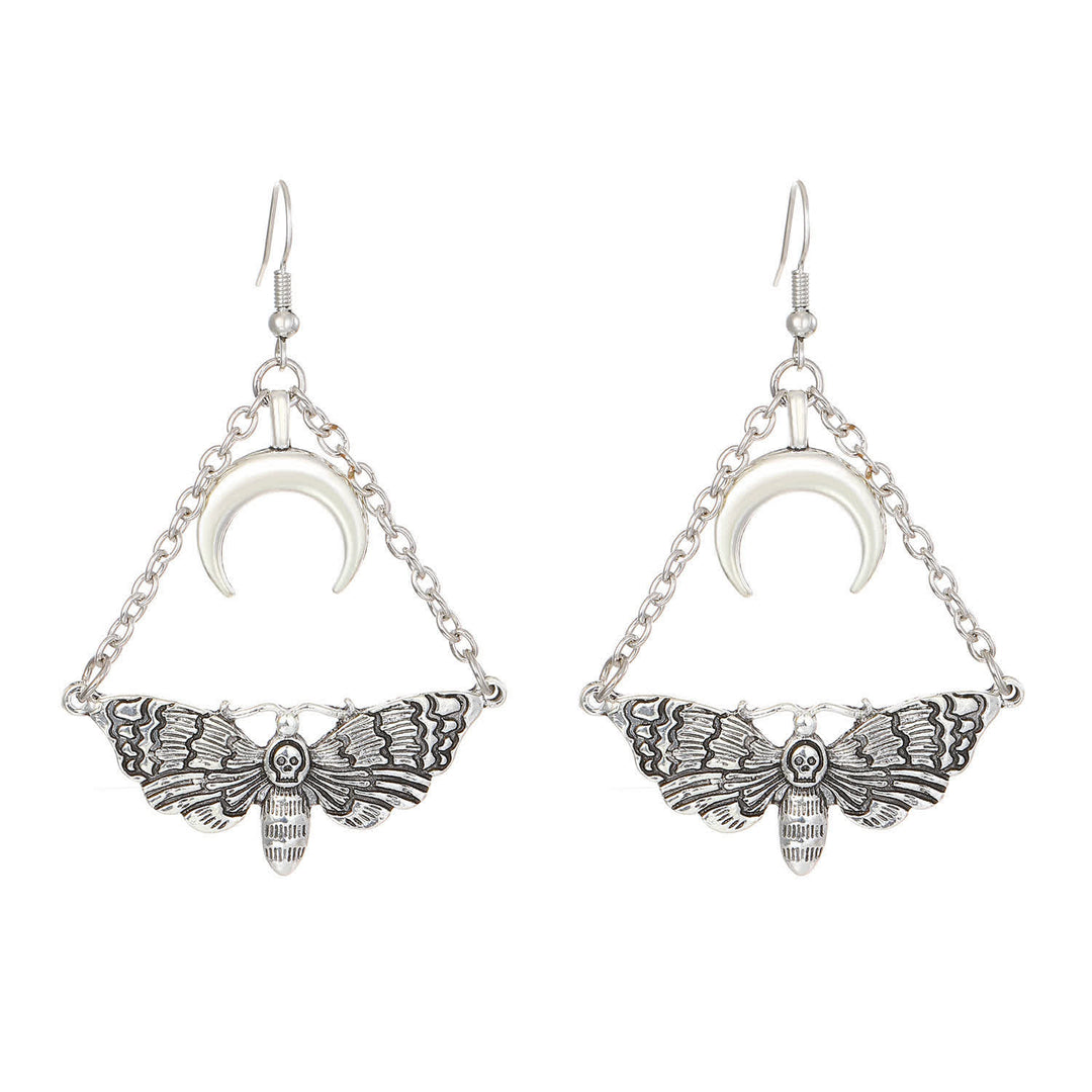 Dark Aesthetic Death Moth Crescent Moon Chain Dangle Earrings - image 7