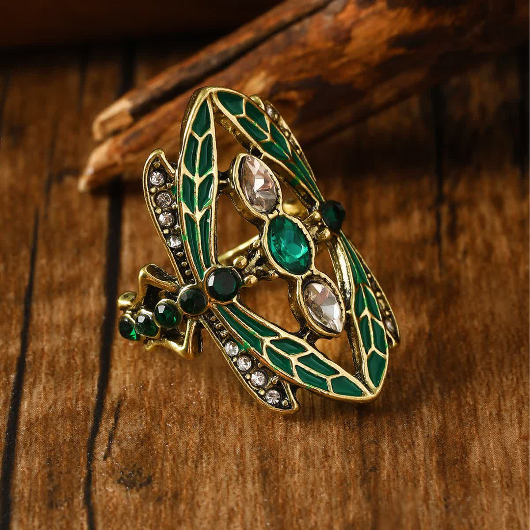 Art Nouveau Dragonfly Green Enamel & Crystals Ring - Dragonfly - US 10 - image 0