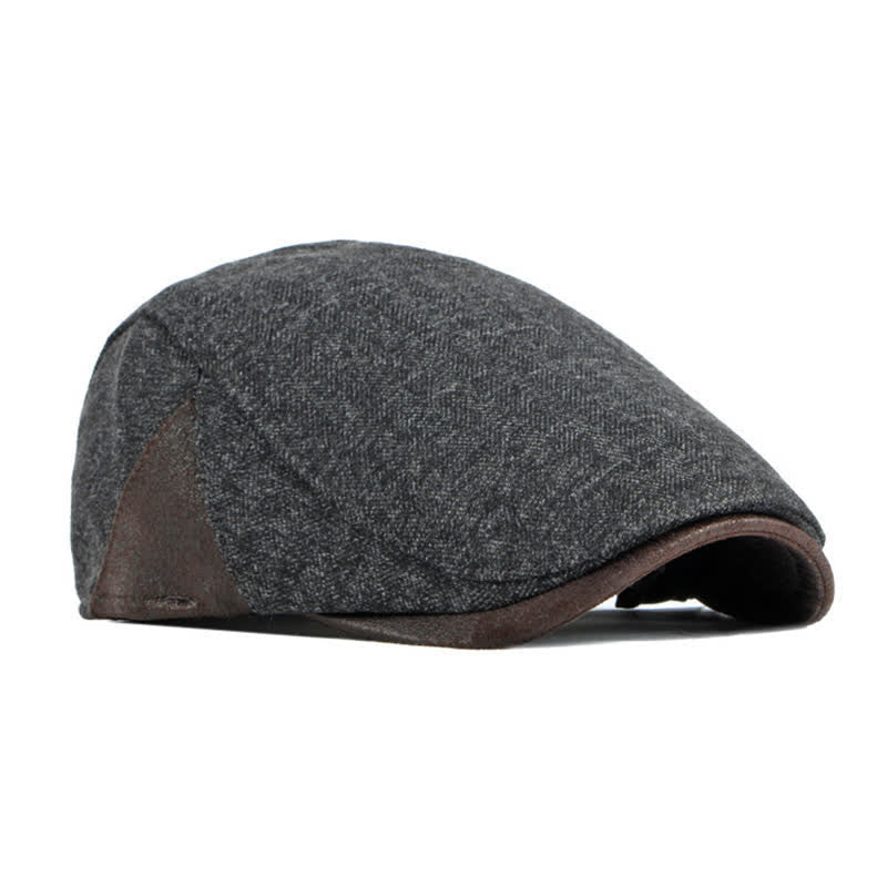Subtle Herringbone Warm Flat Beret With Leather Trim - image 3