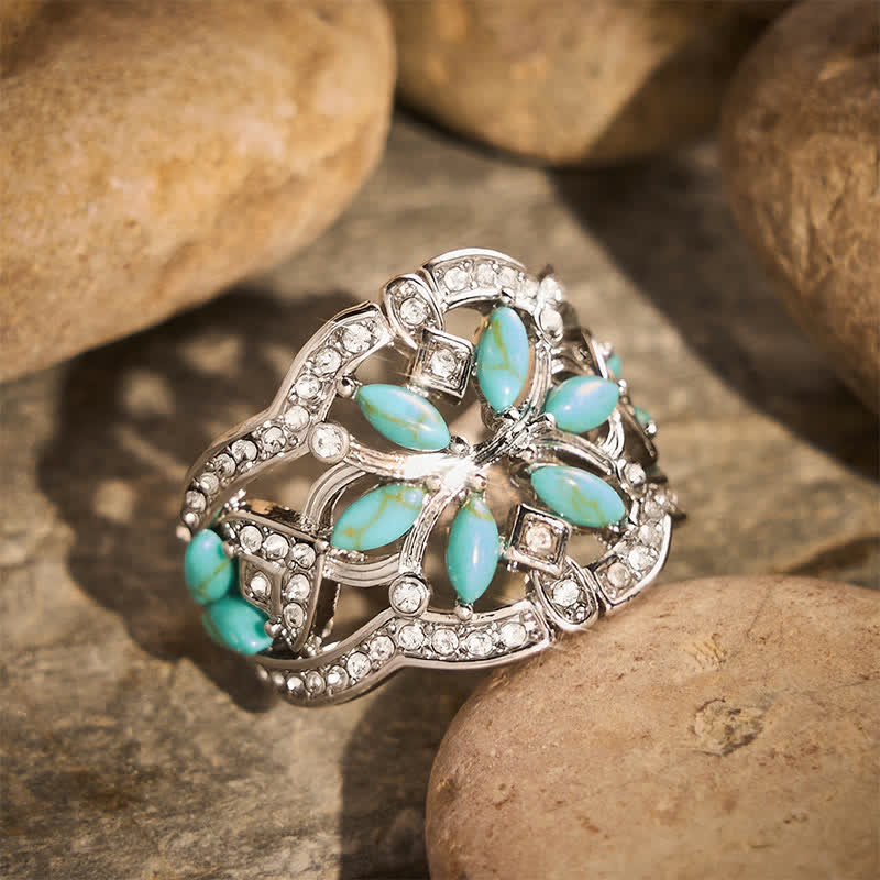 Ethnic style Retro Hollow Wide Band Simulated Turquoise & Crystal Ring - image 2