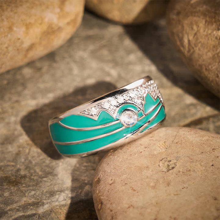 Vintage Mountain Sun Pattern Enamel Cubic Zirconia Silver Wide Band Ring - image 2