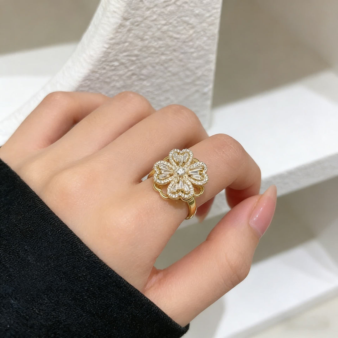 Rotating Four-Leaf Clover Adjustable Anti Anxiety Ring - Gold - image 0