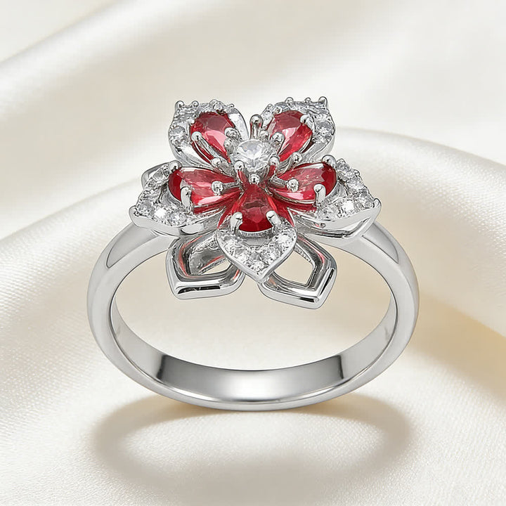 Rotating Sakura Flower Zircon Anti Anxiety Fidget Ring - Red & Silver - image 13