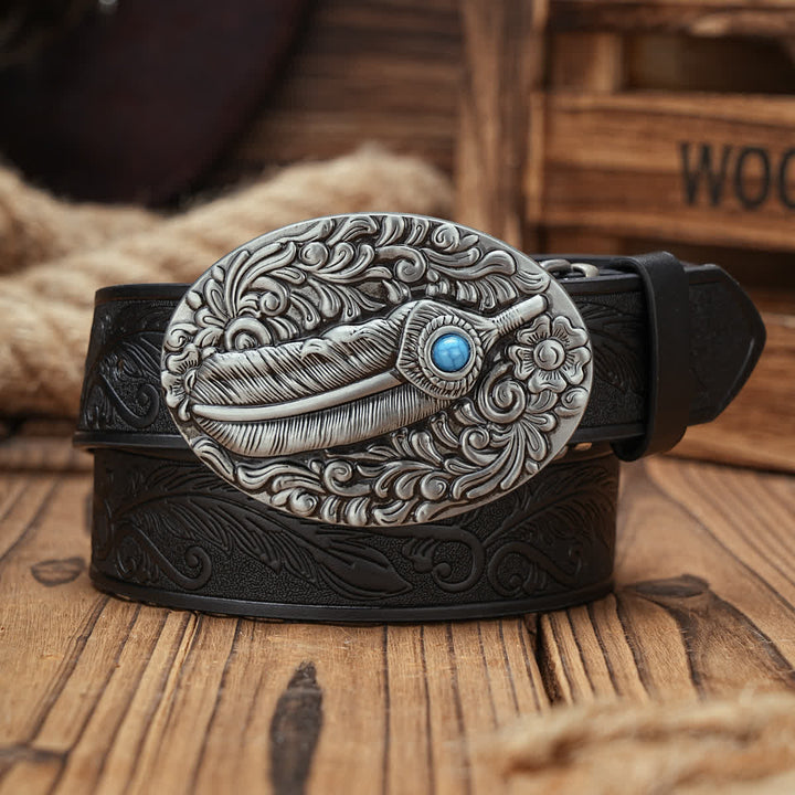 Feather Medallion Buckle Leather Belt With Turquoise Accent - Gray - 38 - image 0
