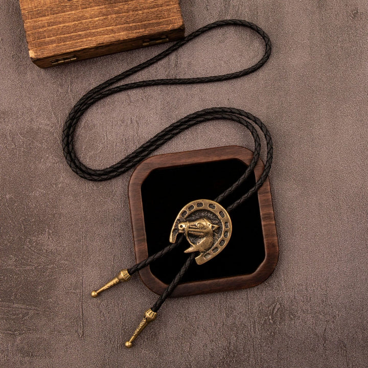 Vintage Western Bolo Tie Leather Horsehead Necklace - Black - image 2