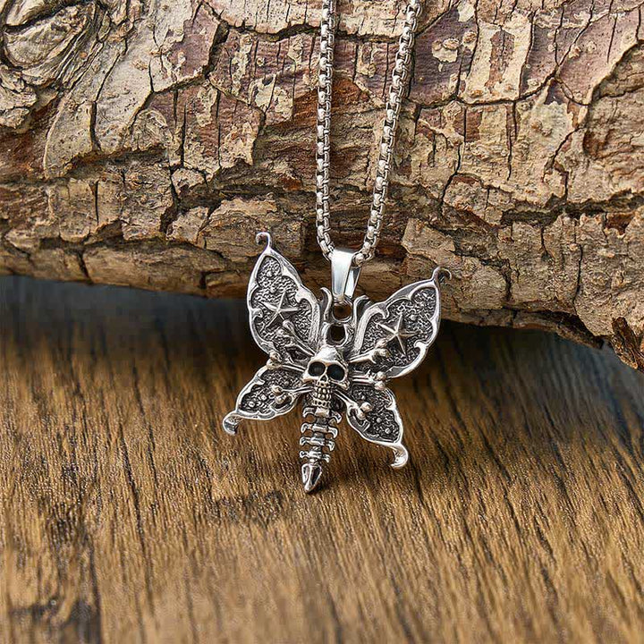 Nocturne Skull Butterfly Gothic Moth With Star Wings Necklace - Silver - image 0