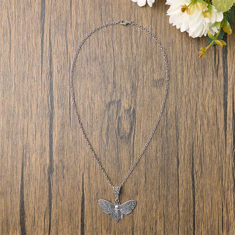 Death Embraces Beauty Gothic Skull Moth Pendant Necklace - Silver - image 0