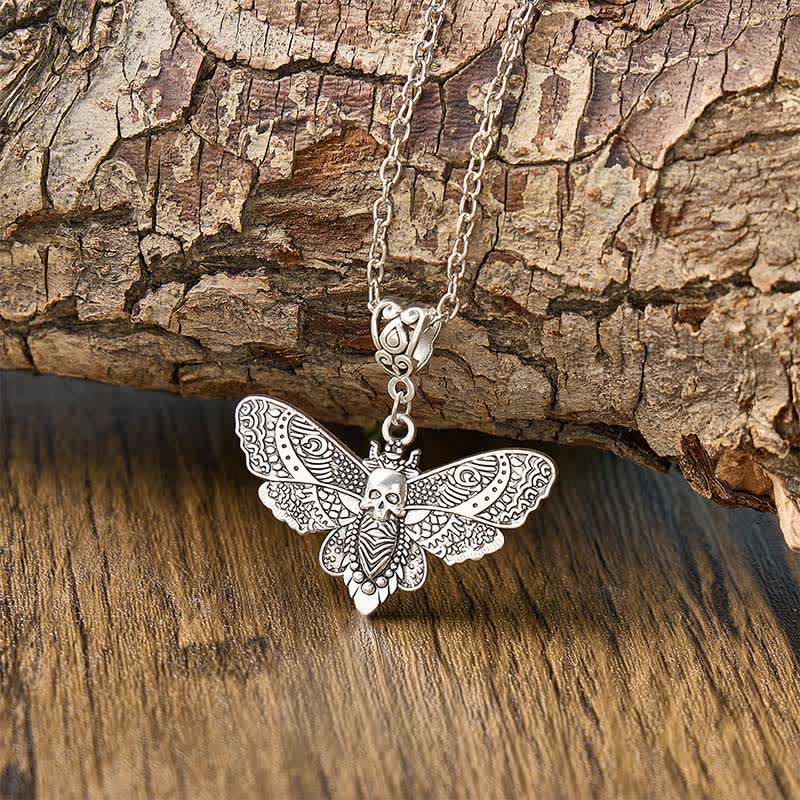Death Embraces Beauty Gothic Skull Moth Pendant Necklace - Silver - image 0