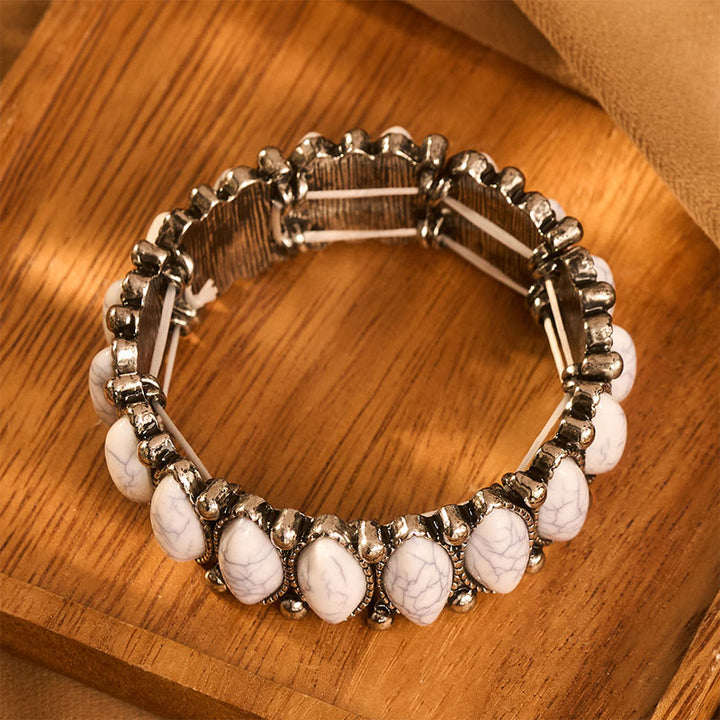 Vintage Boho Oval White Turquoise Silver‑tone Etched Stretch Bracelet - White - image 3