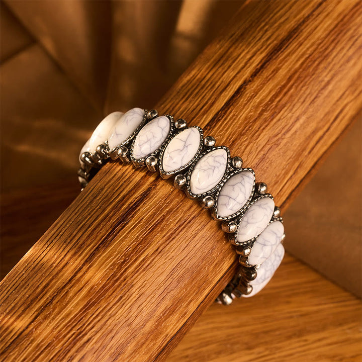Vintage Boho Oval White Turquoise Silver‑tone Etched Stretch Bracelet - image 5
