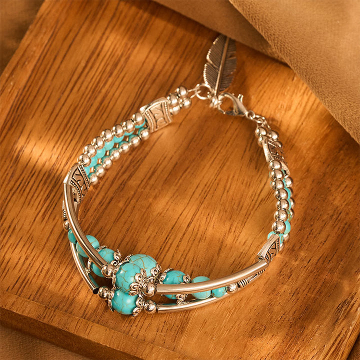 Boho Vintage Triple-layer Turquoise Feather Antique Silver Bangle - image 2