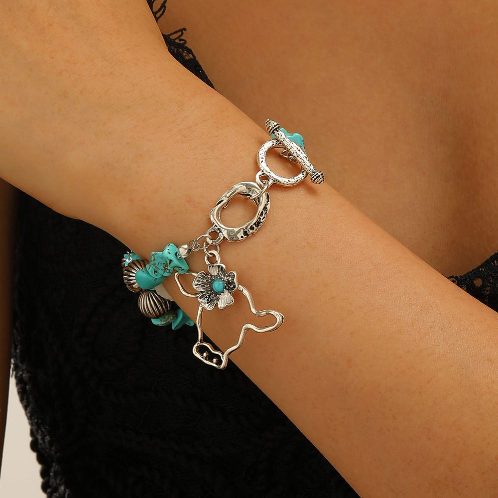 Vintage Western Turquoise Chip Antique Silver Bull Skull Flower Beaded Bracelet - Green - image 1
