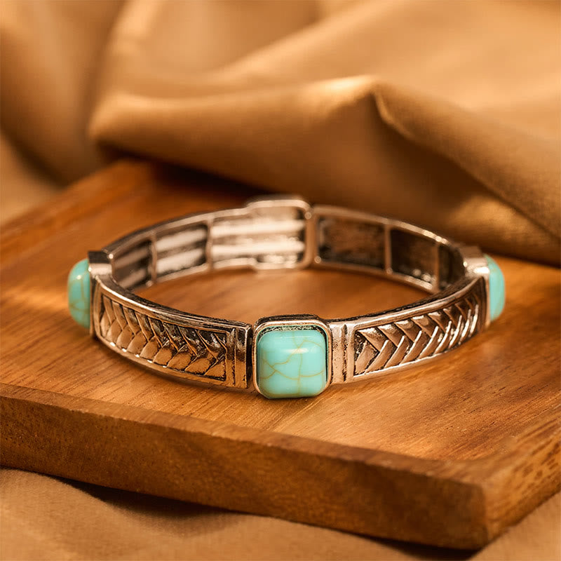Vintage Tribal Square Turquoise Silver‑tone Etched Bangle Bracelet - Silver - image 0
