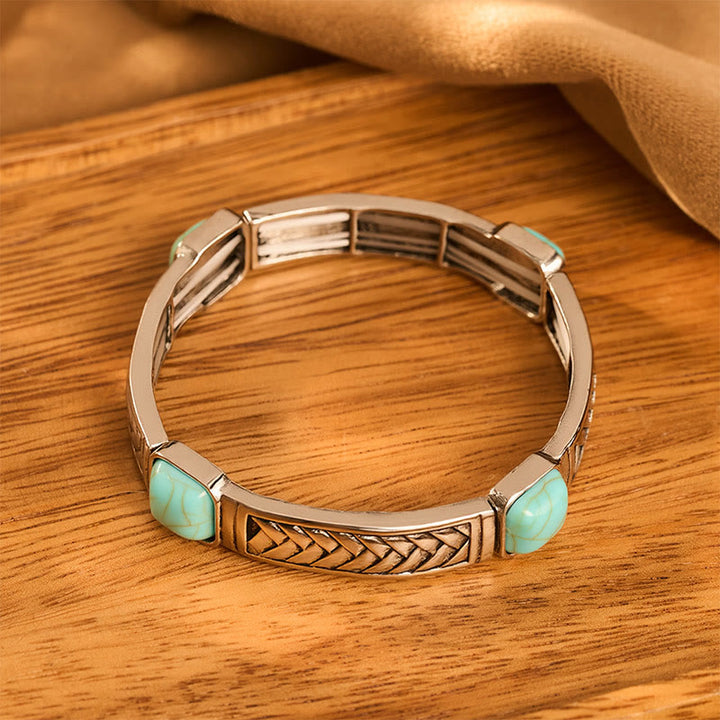 Vintage Tribal Square Turquoise Silver‑tone Etched Bangle Bracelet - image 1
