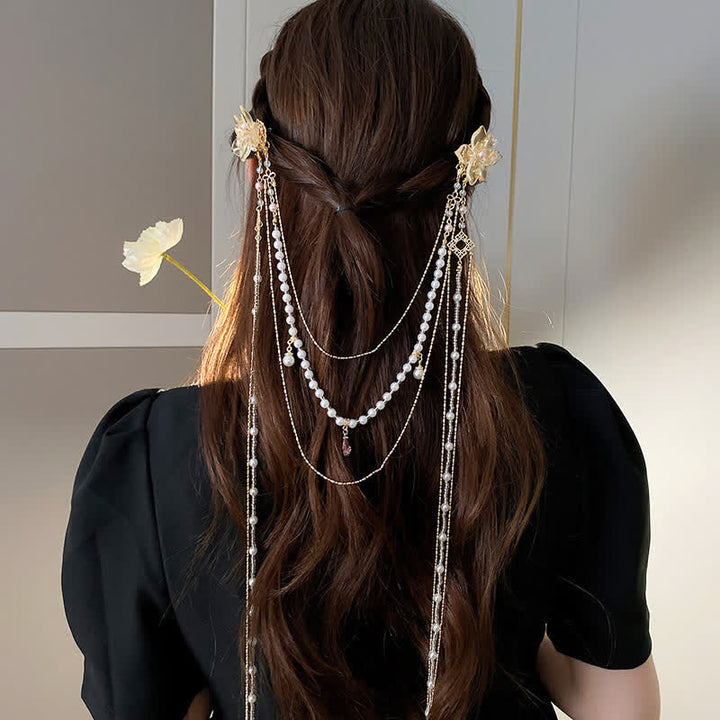 Women's Wedding & Festival Goddess Pearl Veil Hair Chains - Style #2 - Gold - image 6