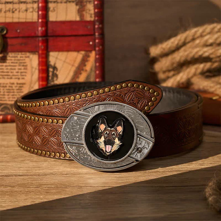German Shepherd Dog DIY Hidden Folding Knife Buckle Leather Belt - German Shepherd - Brown Rivet Belt - 42 - image 4