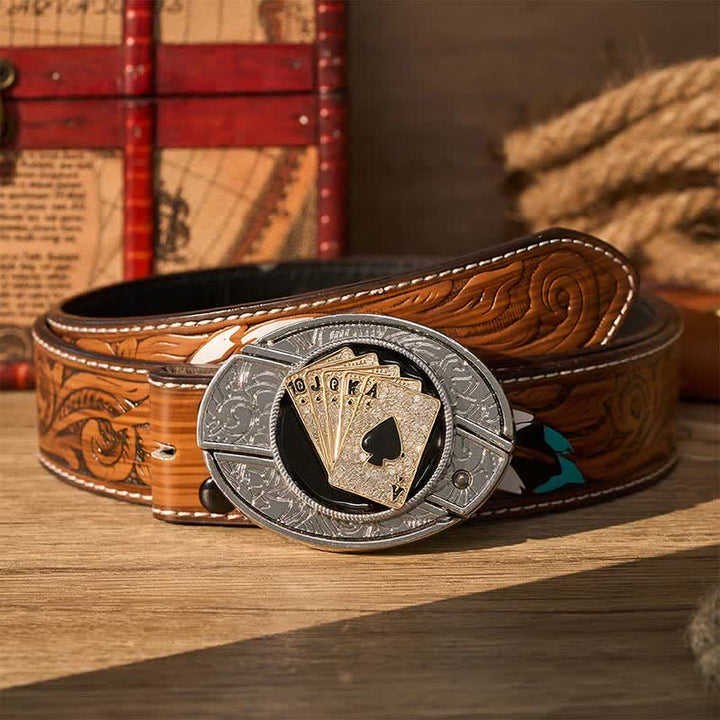 Cowboy Shiny Royal Flush DIY Hidden Folding Knife Buckle Leather Belt - Gold Royal Flush - Brown Feather Belt - 40 - image 7