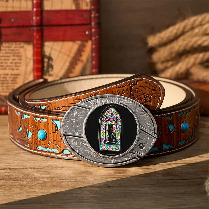 Cute Colored Window Black Cat DIY Hidden Folding Knife Buckle Leather Belt - Black Cat - Turquoise Carved Belt - 42 - image 3