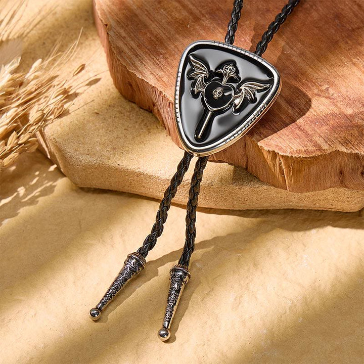 Gothic Western Winged Skull Red Enamel Bolo Tie - Black - image 4