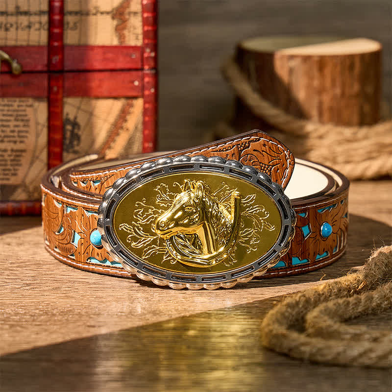 Lucky Horseshoe & Horse Head DIY Gold Buckle Leather Belt - Gold - Turquoise Carved Belt - 42 - image 3