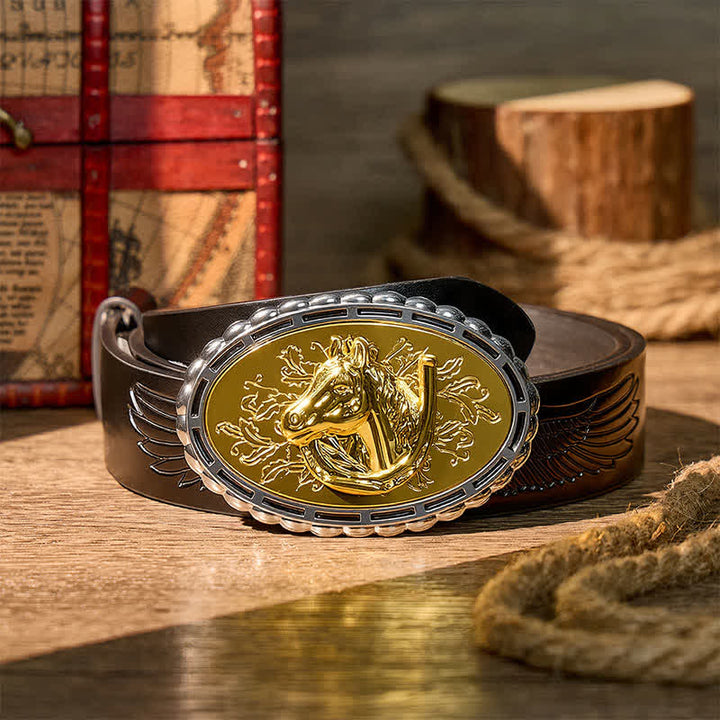 Lucky Horseshoe & Horse Head DIY Gold Buckle Leather Belt - Gold - Black Embossed Eagle Belt - 42 - image 2