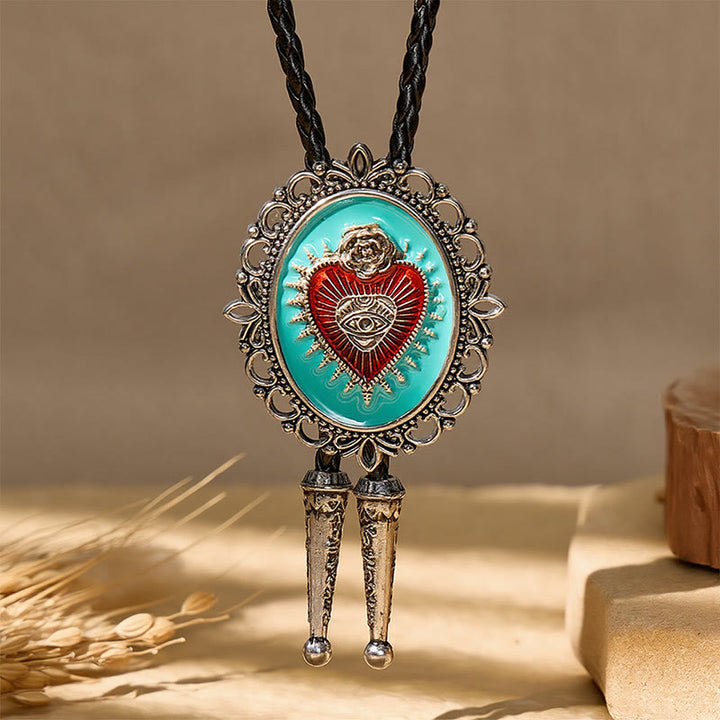 Boho Western Teal Enamel Sacred Heart Bolo Tie - image 3