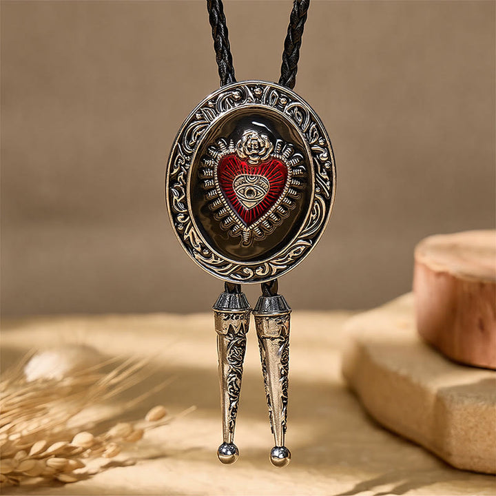 Round Red Enamel Sacred Heart Bolo Tie Vintage - image 6