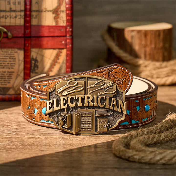Electrician Tools Panel Pattern DIY Buckle Leather Belt - Bronze - Turquoise Carved Belt - 42 - image 3