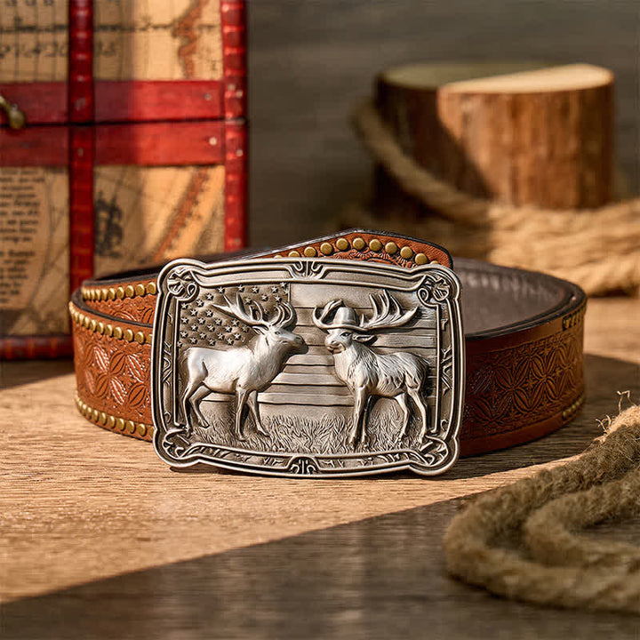 Patriotic Wildlife Two Elks Duel Western DIY Buckle Leather Belt - Silver - Brown Rivet Belt - 42 - image 4