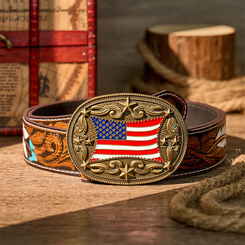 Patriotic Enameled American Flag DIY Buckle Leather Belt - Bronze - Brown Feather Belt - 40 - image 7