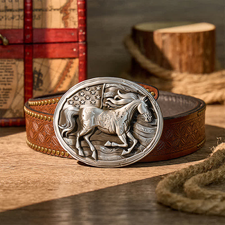 Freedom Gallop Patriotic American Flag DIY Buckle Leather Belt - Silver - Brown Rivet Belt - 42 - image 4