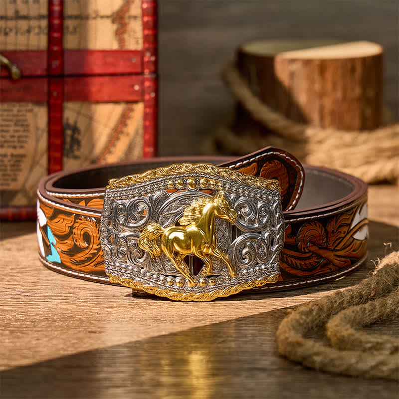 Two-Tone Western Bronco Rider & Wild Horse DIY Buckle Leather Belt - Wild Horse - Brown Feather Belt - 40 - image 7