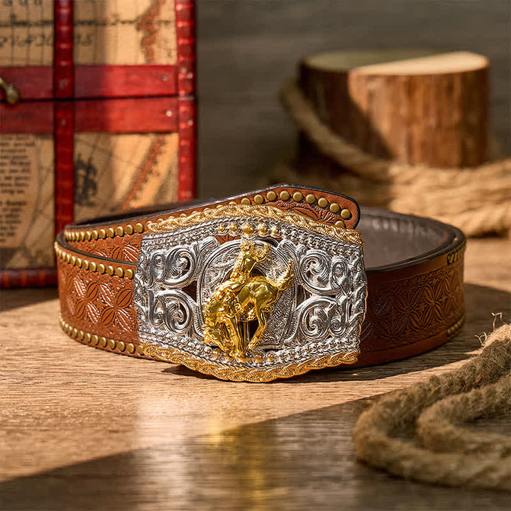 Two-Tone Western Bronco Rider & Wild Horse DIY Buckle Leather Belt - Bronco Rider - Brown Rivet Belt - 42 - image 13
