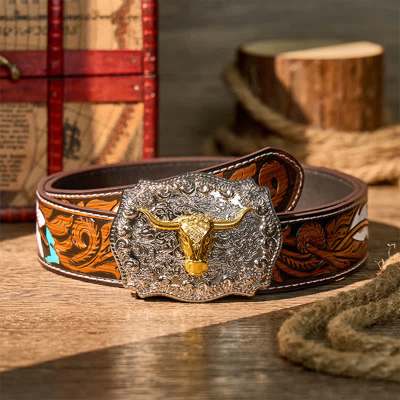 Shiny Longhorn Legacy Western Cowboy DIY Buckle Leather Belt - Gold - Brown Feather Belt - 40 - image 7
