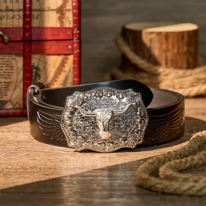 Shiny Longhorn Legacy Western Cowboy DIY Buckle Leather Belt - Silver - Black Embossed Eagle Belt - 42 - image 11