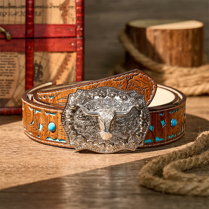 Shiny Longhorn Legacy Western Cowboy DIY Buckle Leather Belt - Silver - Turquoise Carved Belt - 42 - image 12