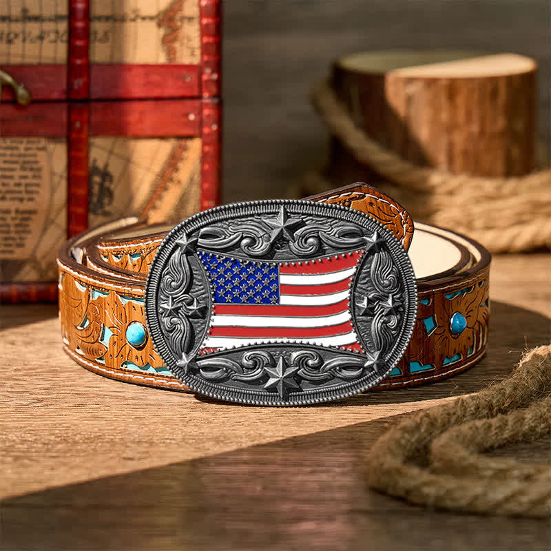 Patriotic Enameled American Flag DIY Buckle Leather Belt - Silver - Turquoise Carved Belt - 42 - image 11