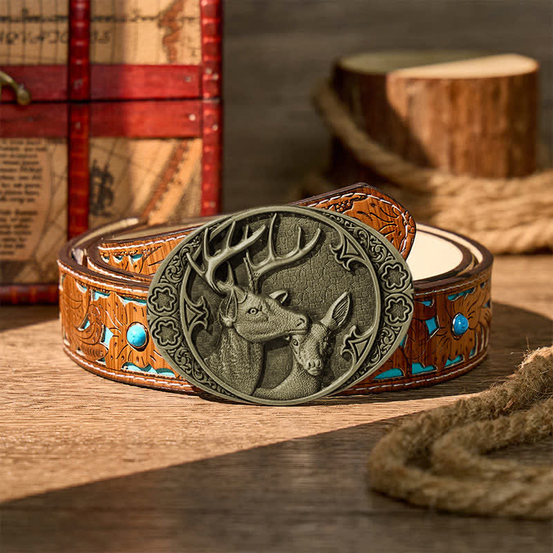 Majestic Love Stag And Doe DIY Buckle Leather Belt - Bronze - Turquoise Carved Belt - 42 - image 11