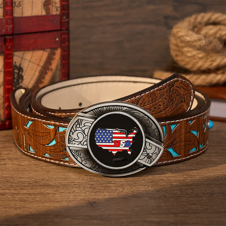 American Pride USA Map Flag DIY Hidden Folding Knife Buckle Leather Belt - USA Flag - Turquoise Carved Belt - 42 - image 3