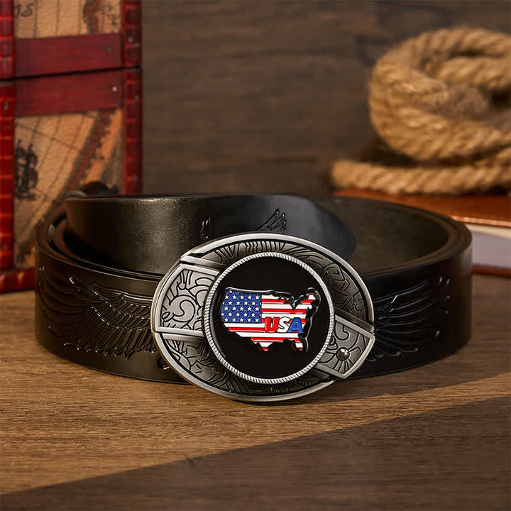 American Pride USA Map Flag DIY Hidden Folding Knife Buckle Leather Belt - USA Flag - Black Embossed Eagle Belt - 42 - image 2