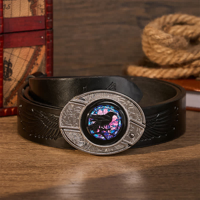 Midnight Raven's Window DIY Hidden Folding Knife Buckle Leather Belt - Raven's Window - Black Embossed Eagle Belt - 42 - image 2